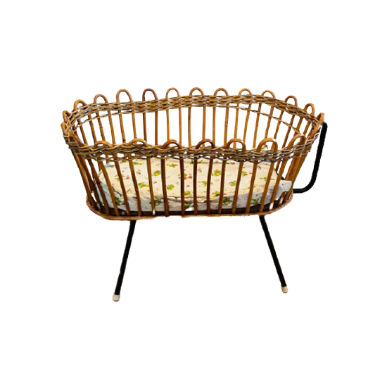 Vintage rattan doll cradle