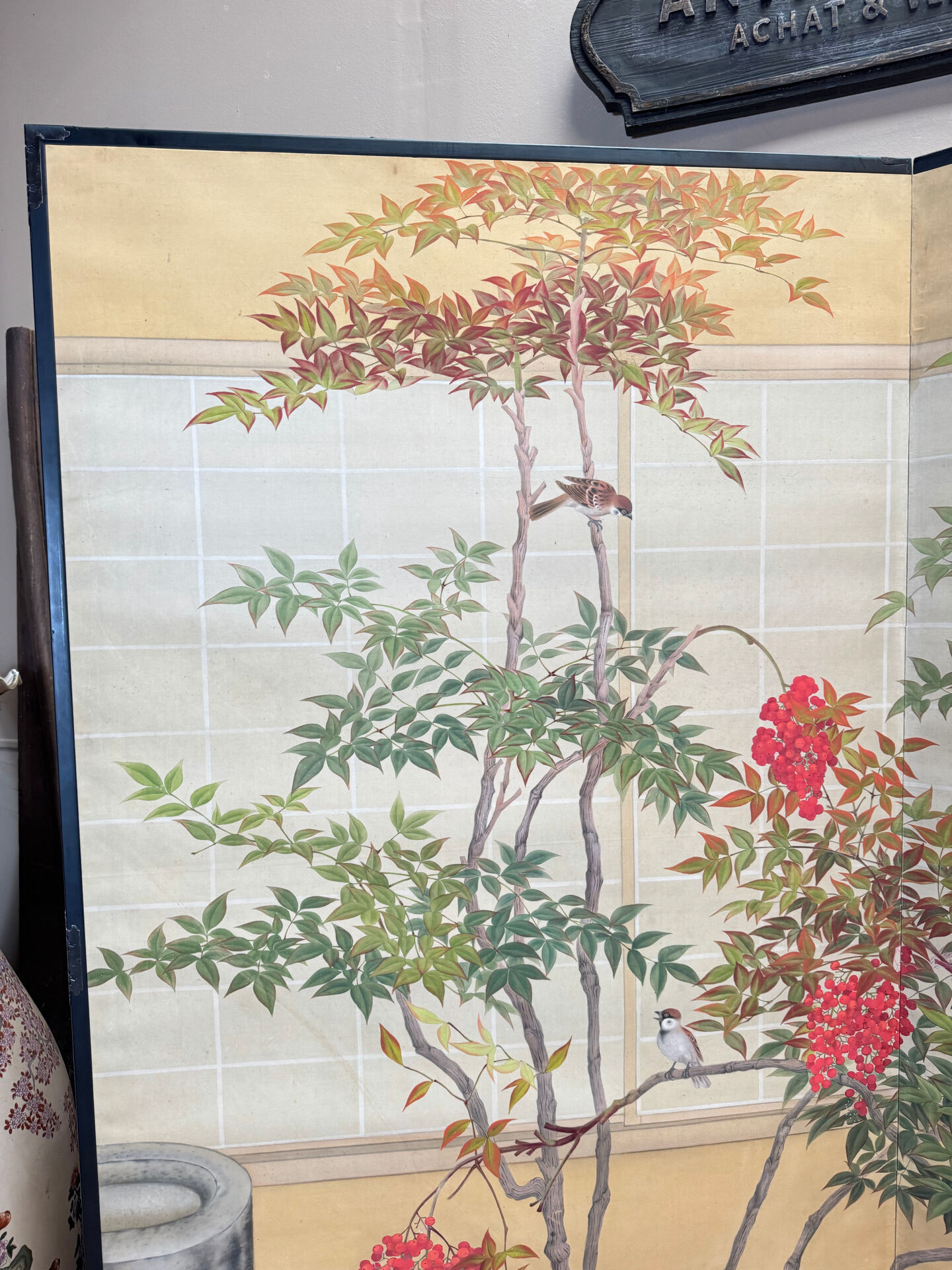 Two-panel screen with a decoration of plants and birds, Japan.