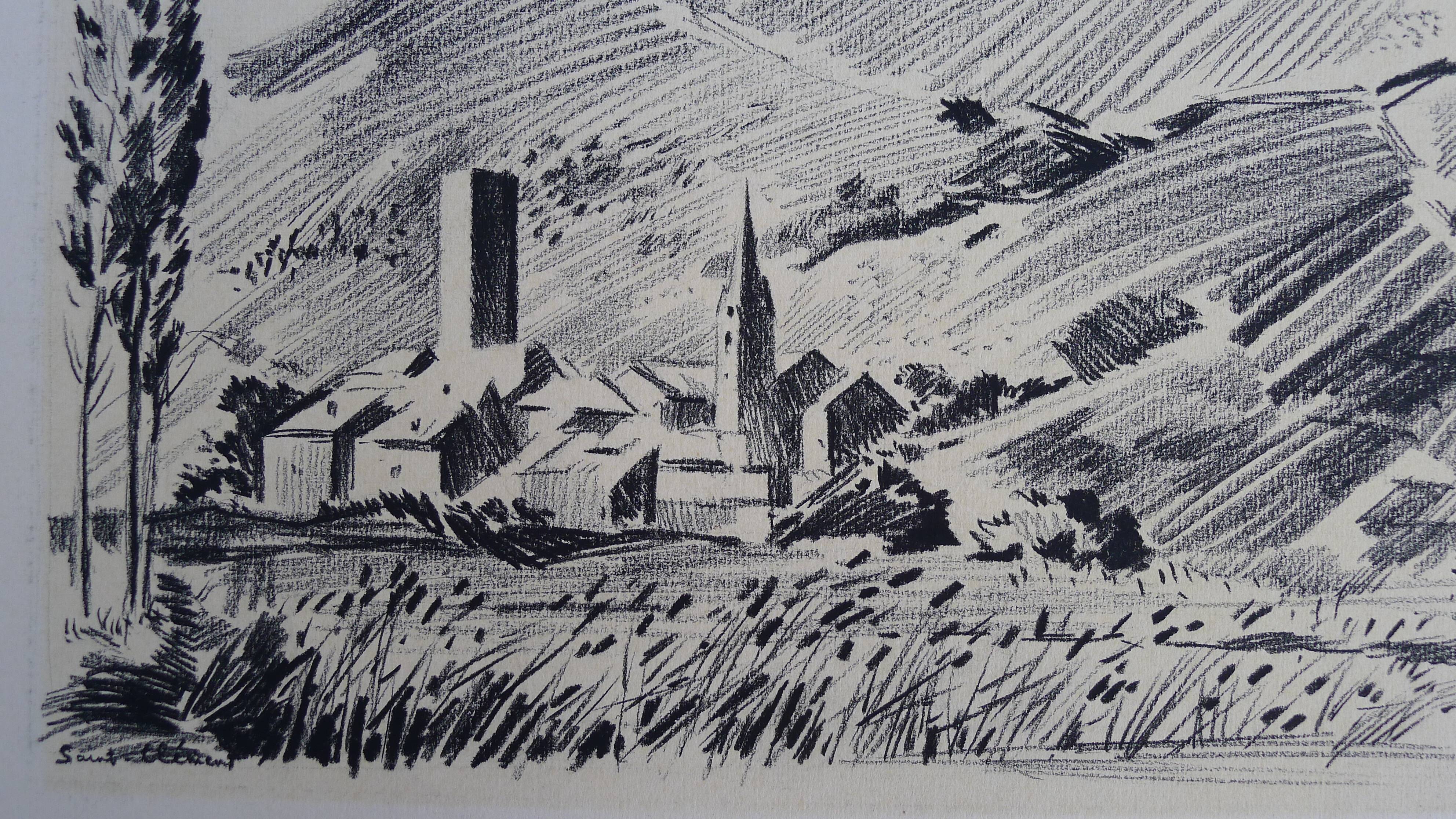 Large original black chalk drawing by Jean Villette (1913-2005)