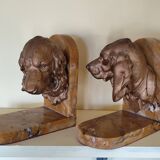 Pair of dog head bookends in spelter on marble slab, signed Lecourtier - sculptures