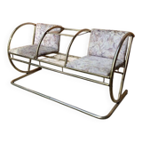 Vintage brass and glass bench, yellow colour, two-seater, tubular design from the 1950s.