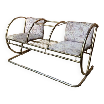 Vintage brass and glass bench, yellow colour, two-seater, tubular design from the 1950s.