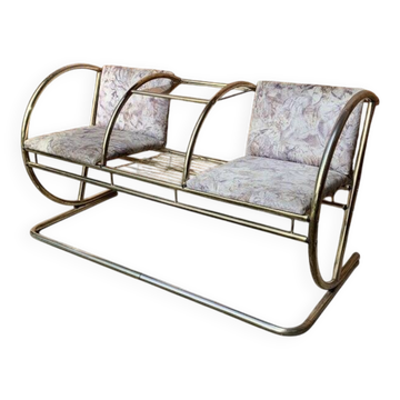 Vintage brass and glass bench, yellow colour, two-seater, tubular design from the 1950s.