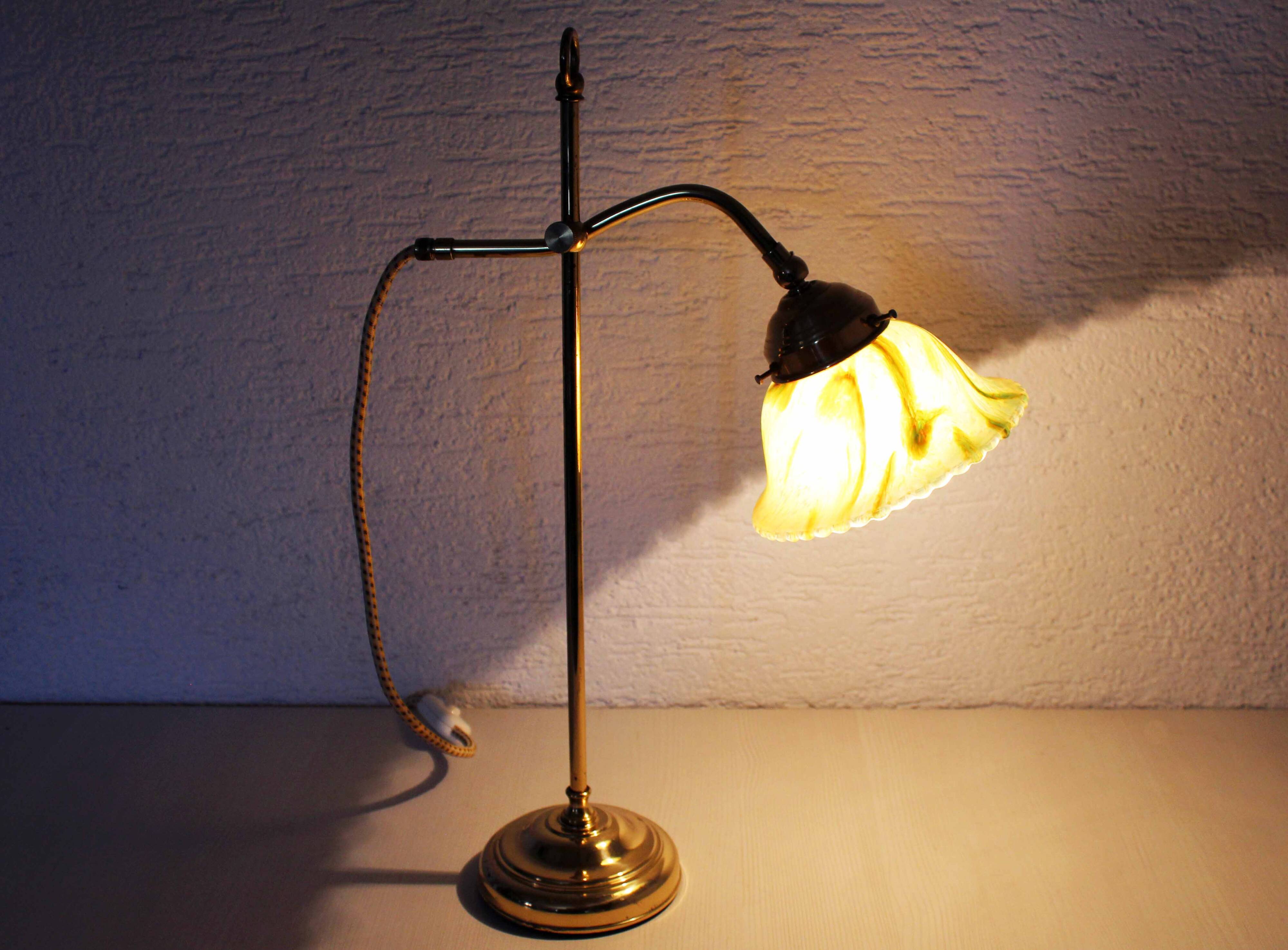 Brass and glass swan neck lamp