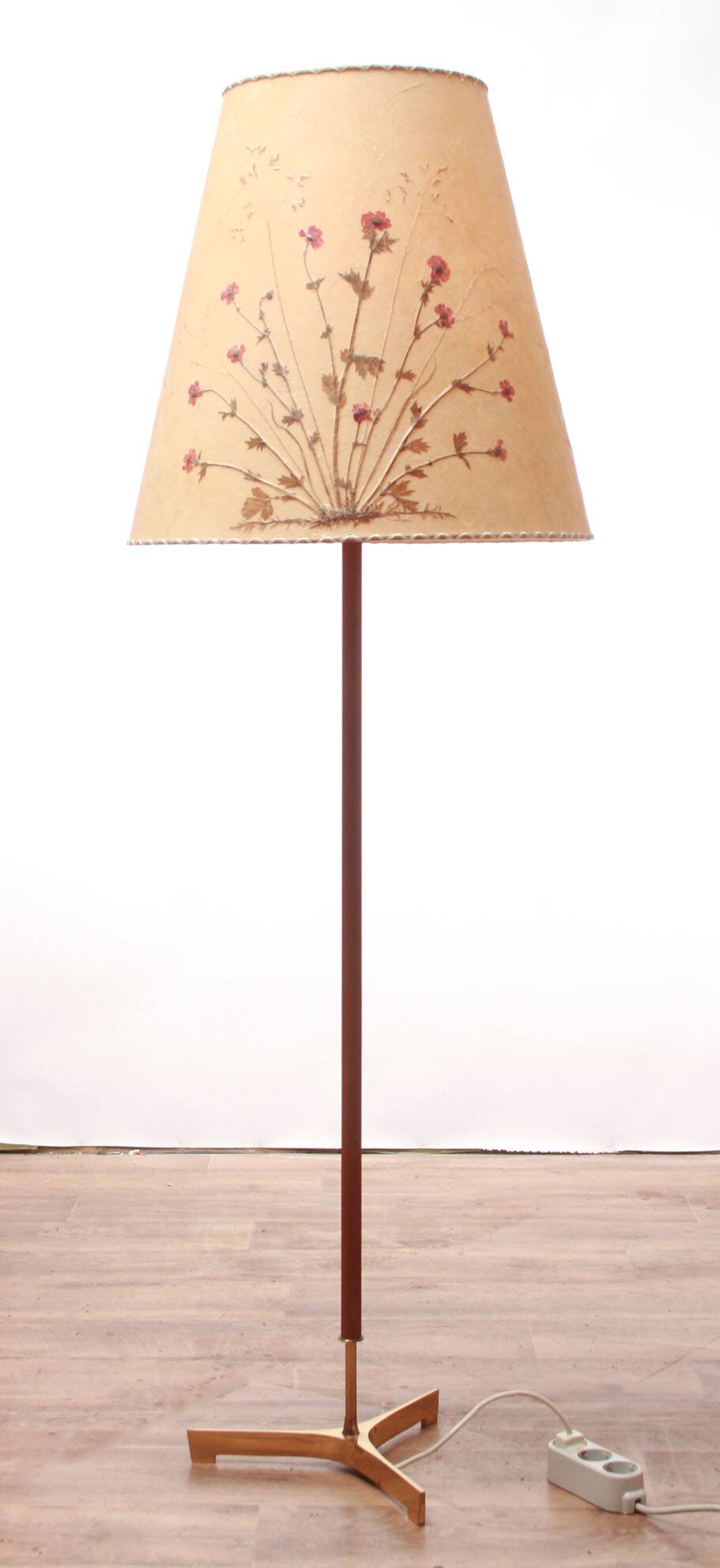1950s floor lamp in brass and teak/shade with floral motif