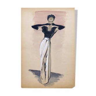 Fashion sketch early 20th century: Elegant woman with gloves, charcoal & watercolor on paper