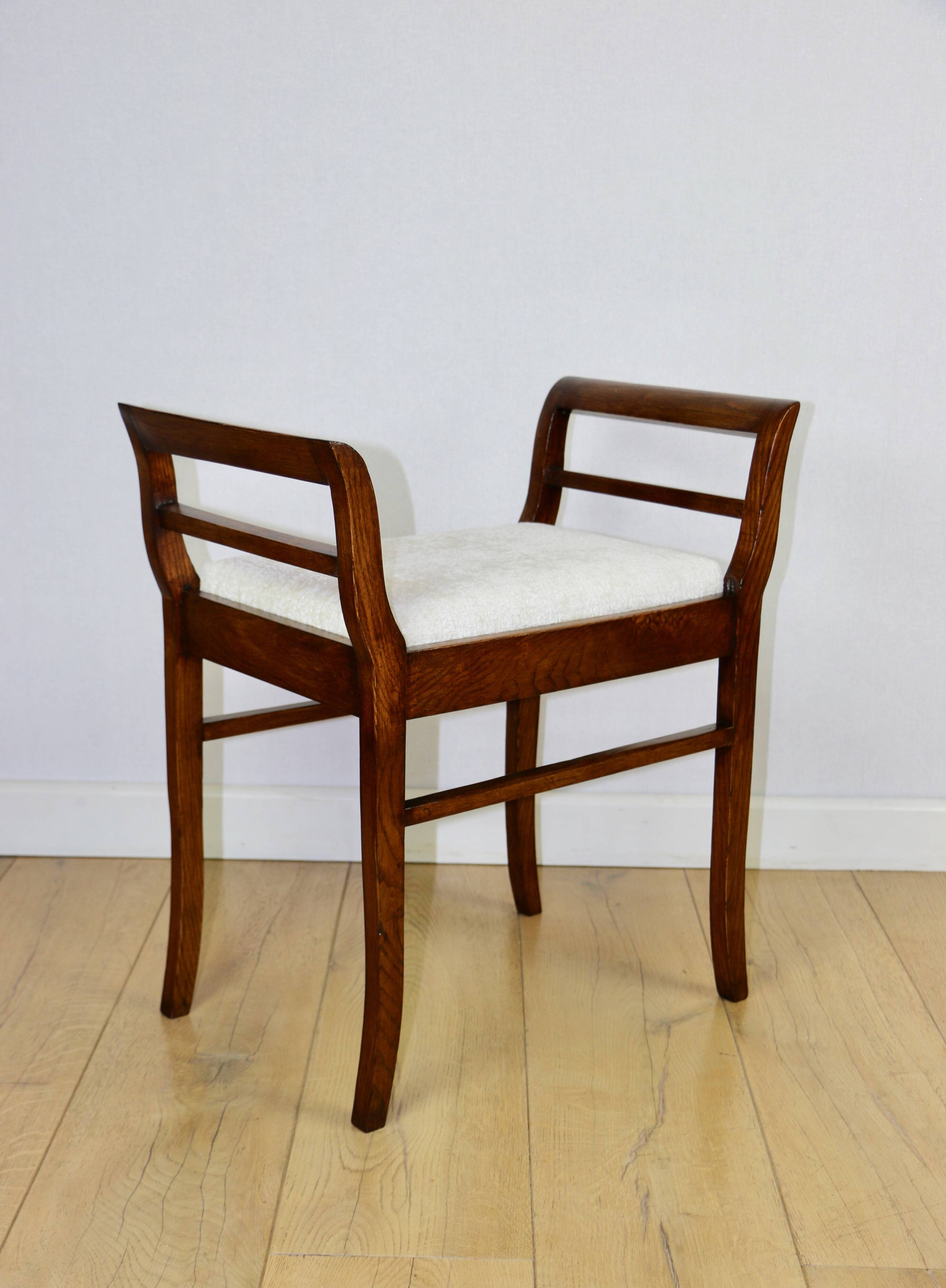 Stool seat white-cream velvet fabric oak Art Deco
