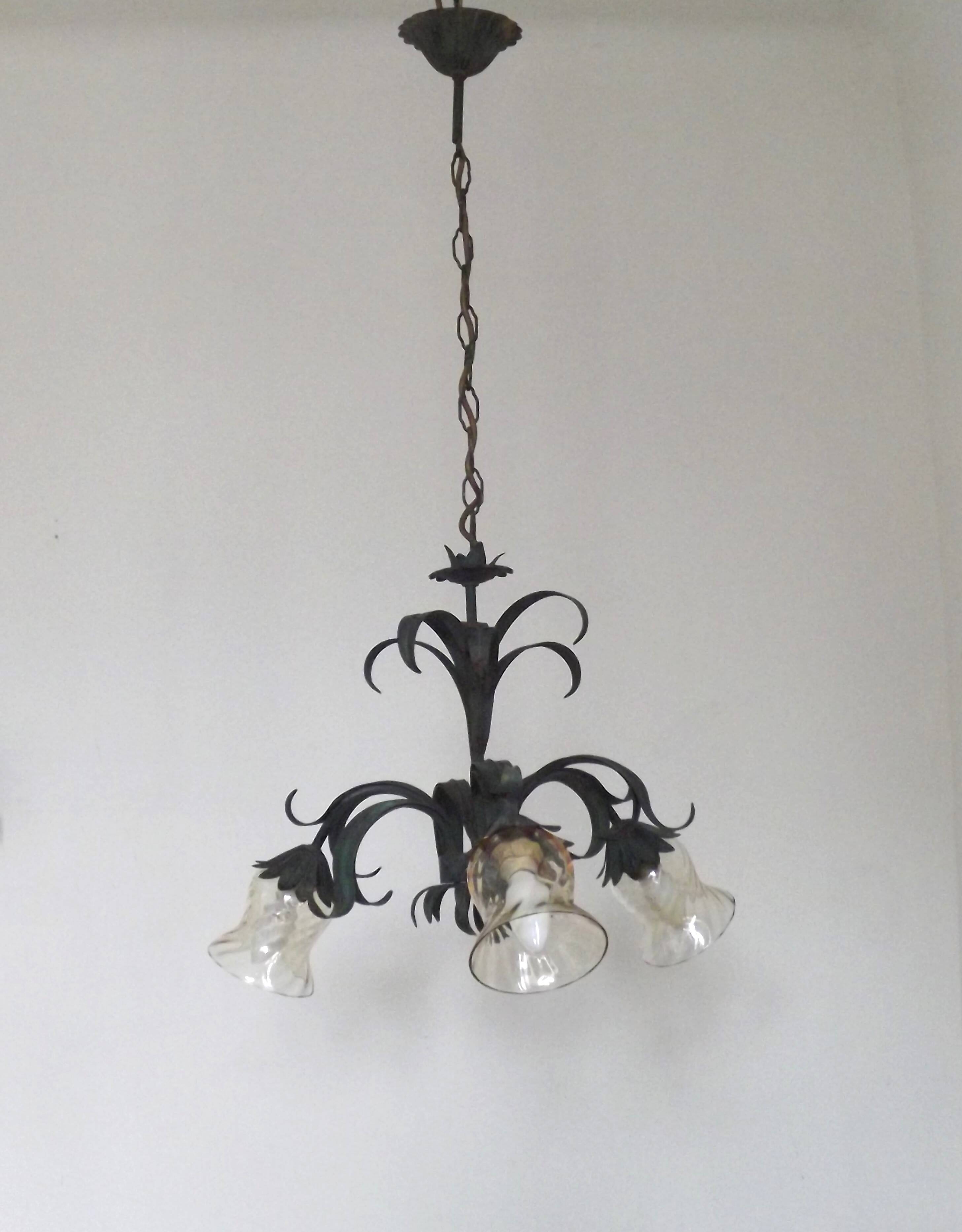 French vintage chandelier 3 lights green leaf amber glass 4966