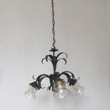 Vintage French Chandelier 3 Lights Green Leaves Amber Glass 4966
