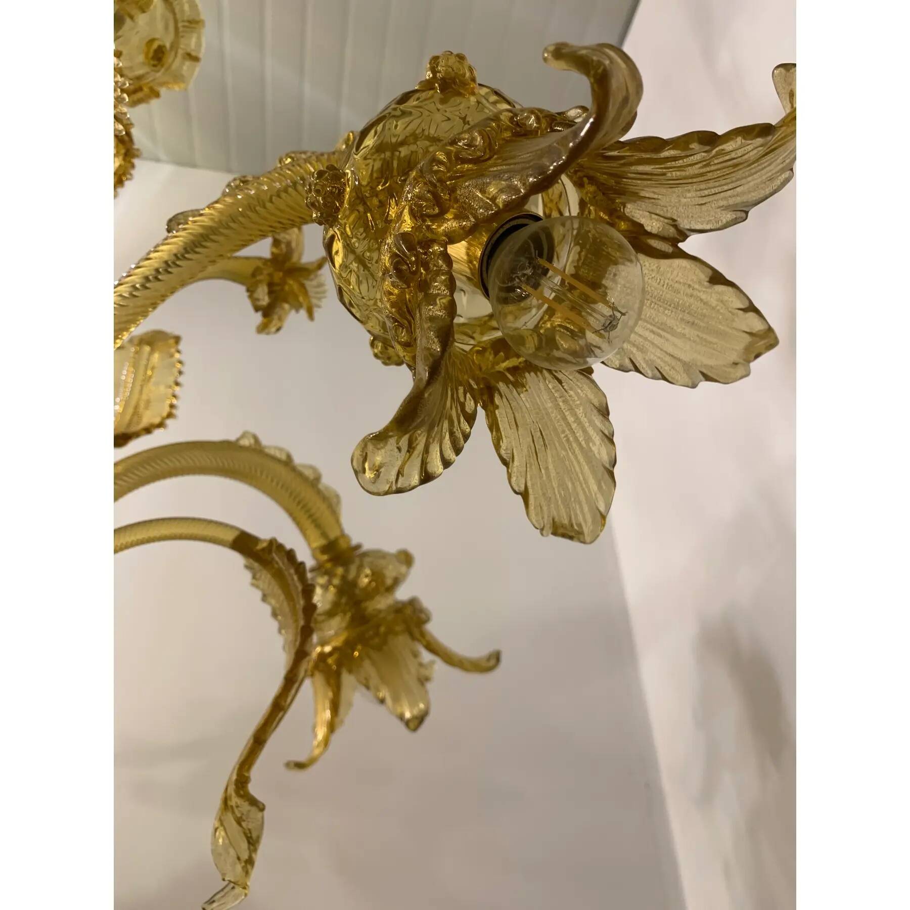 Murano Glass Chandelier, Amber, with Floral and Leaf Accents