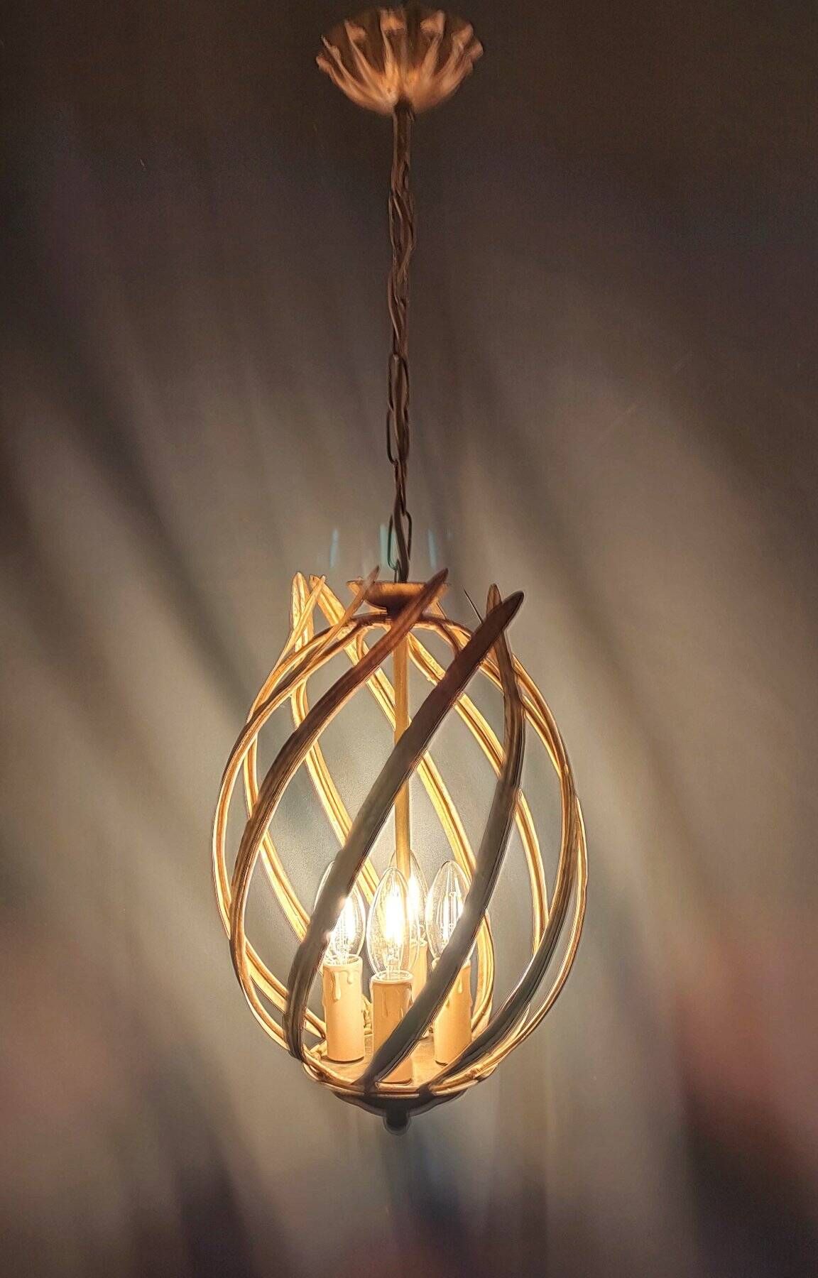 Large Italian Foliage Cage Chandelier - 1960s Art Crafts - Gold Metal