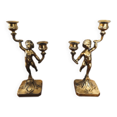 Pair of cherub candle holders in gilded metal, Napoleon III style.