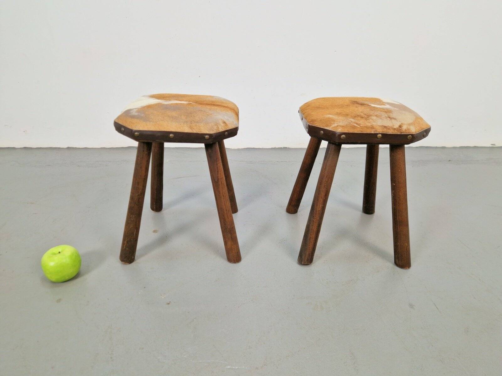 Vintage Milk Stools with Cowhide, 1950s, Set of 2