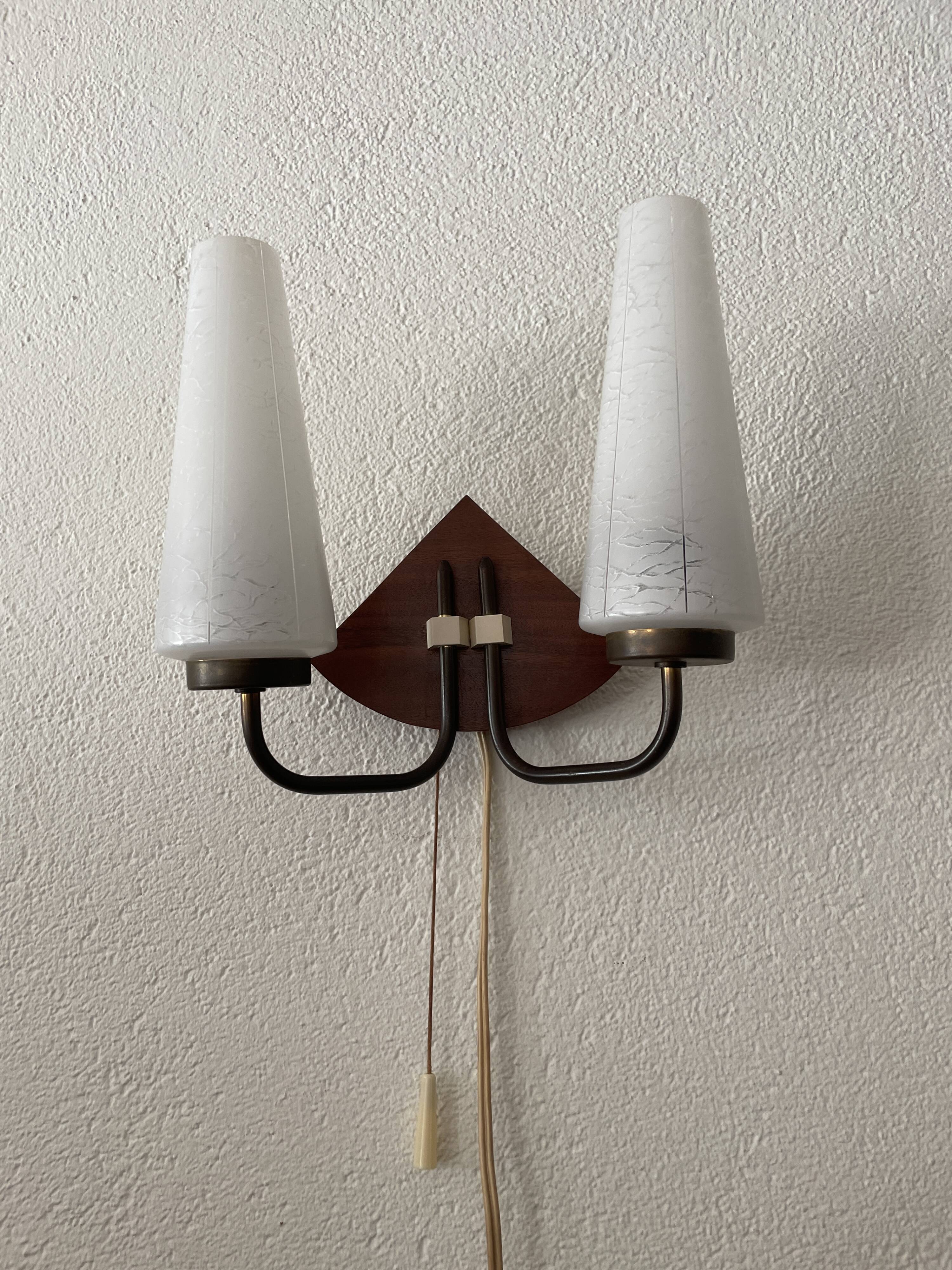 Art deco opaline, wood and brass 2 armed wall light
