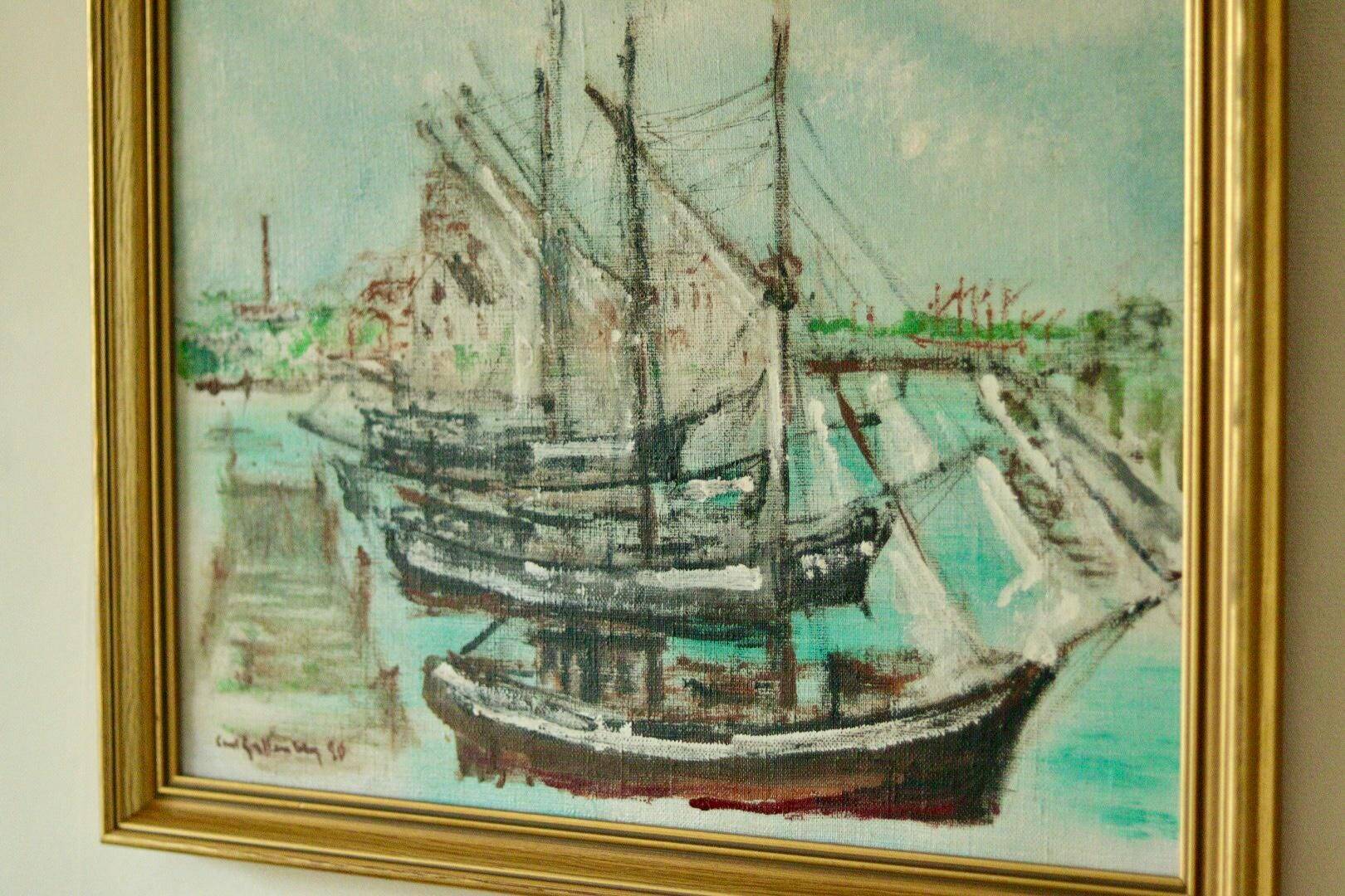 Original mid-century oil on canvas – "At the Quay"