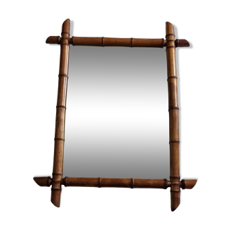 Grand miroir français XIXe en bois sculpté faux bambou, 52 x 64 cm