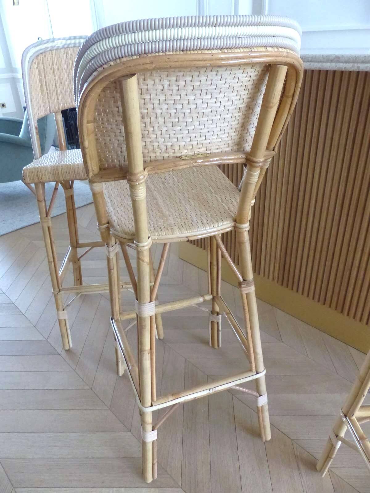 Lot of 3 Maison Louis Drucker light Manila rattan bistro high chairs.