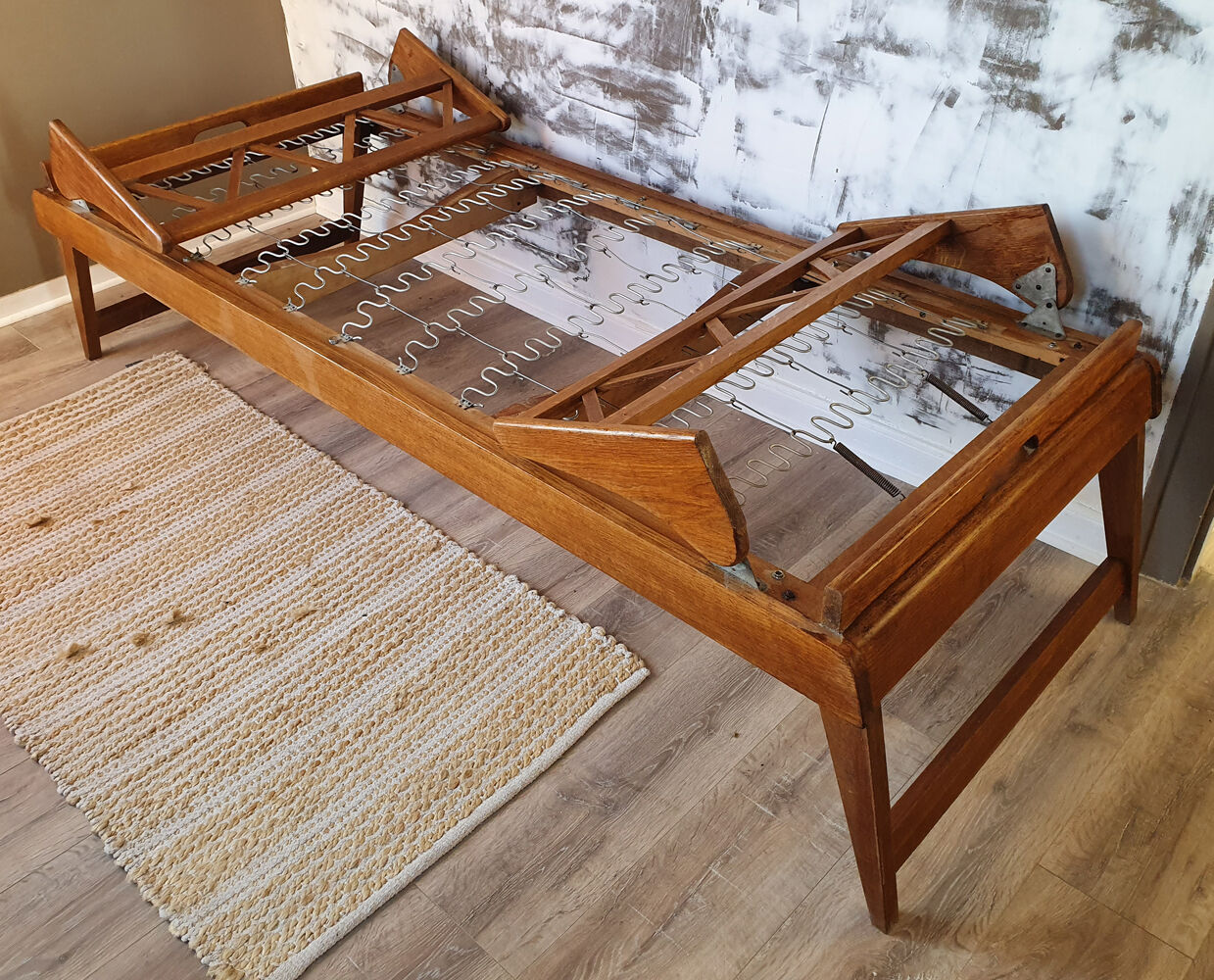 folding bed wood, daybed, solid oak, vintage, 50s