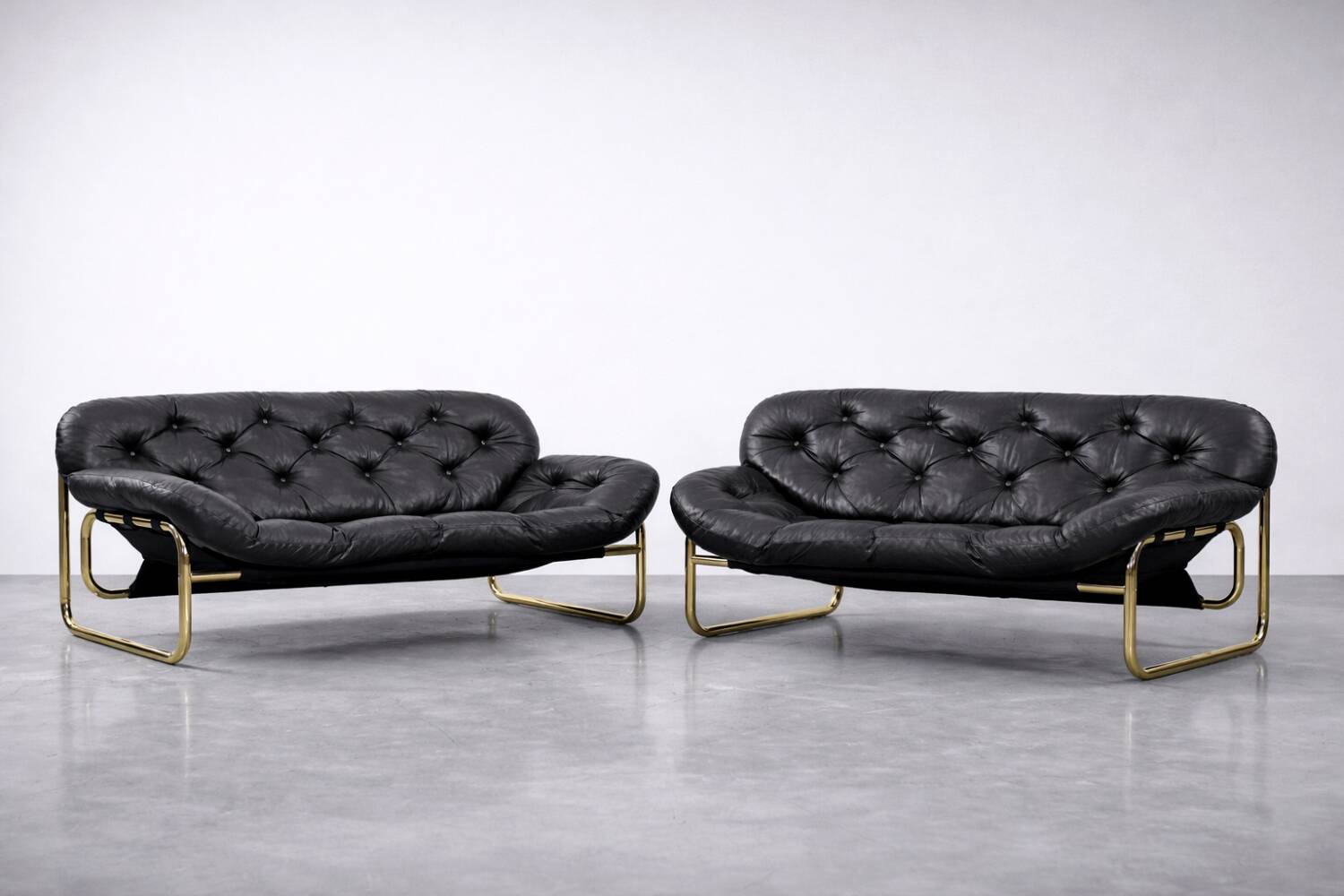 Vintage Mid-Century Scandinavian Modern Glamour Leather Black & Gold Sofa