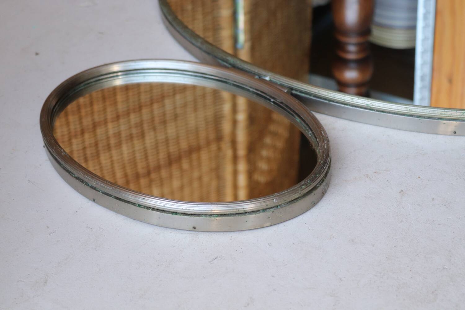 Vintage triptych mirror from a 1950s dressing table in nickel-plated silver.