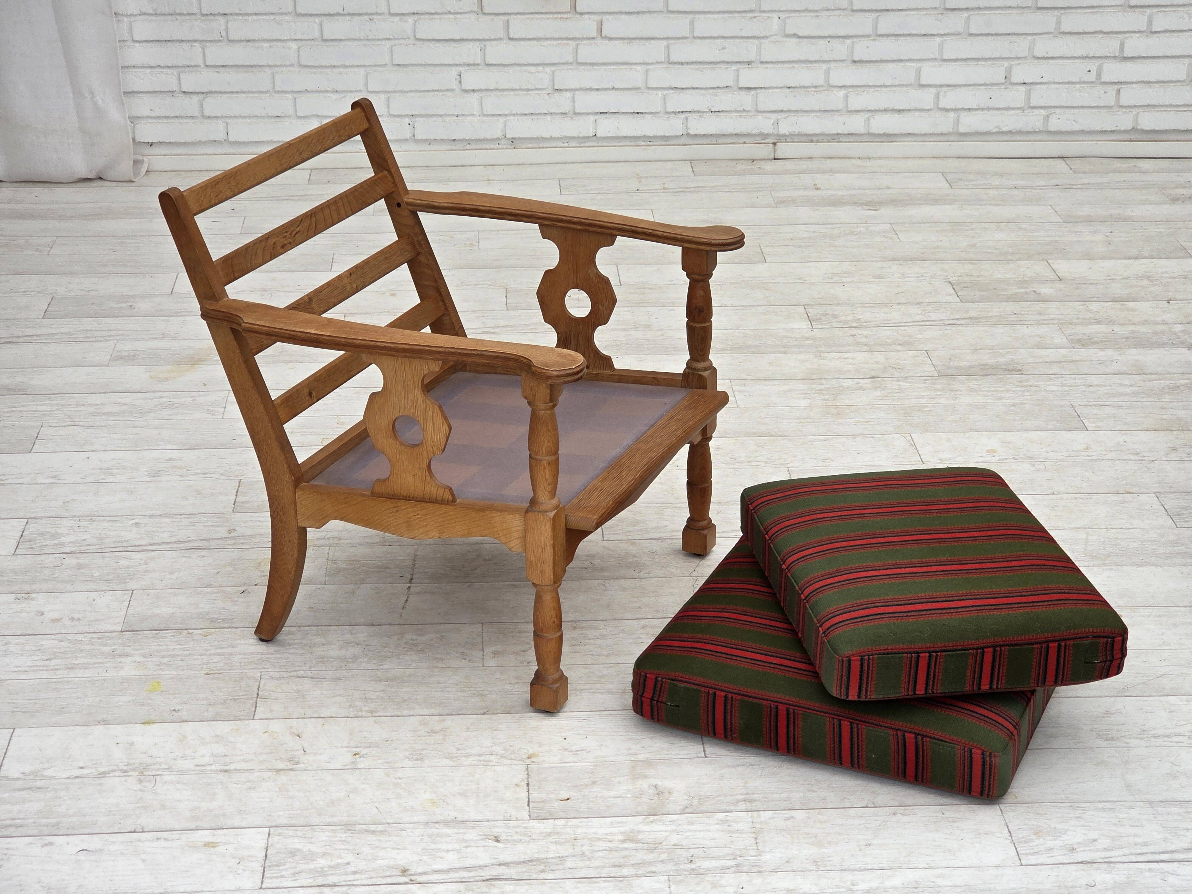 1970s, Danish armchair, green furniture wool, solid oak wood.