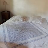 Plaid / bed throw reversible boutis white blue floral pattern brand Soleiado