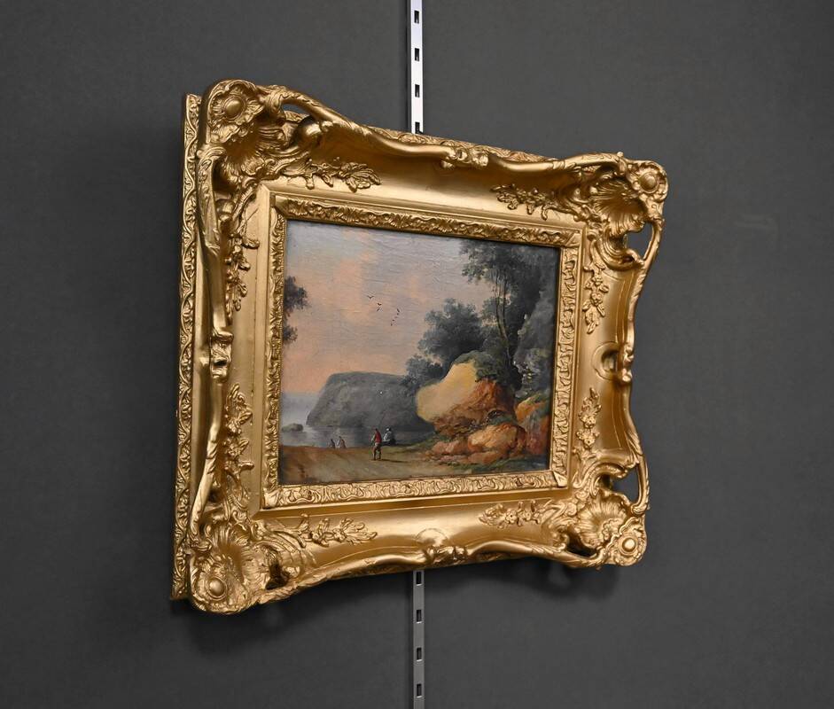 Painting "Path Leading to the Sea", oil on panel, in the style of Jean Pillement – late 19th century.