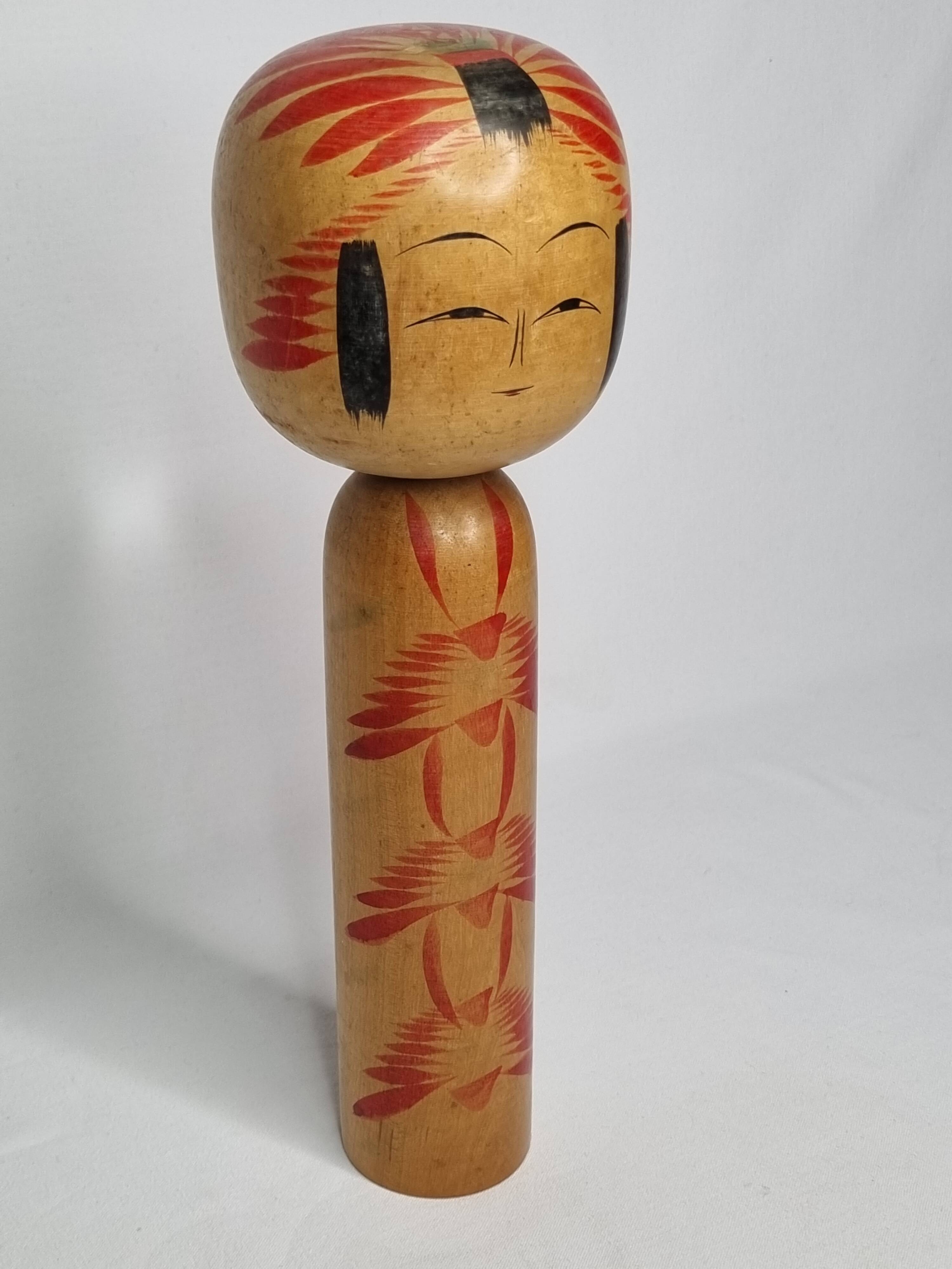 Vintage Signed Japanese Kokeshi Doll, Hand Painted Red Floral Decor, 32cm