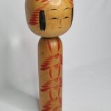 Vintage Signed Japanese Kokeshi Doll, Hand Painted Red Floral Decor, 32cm