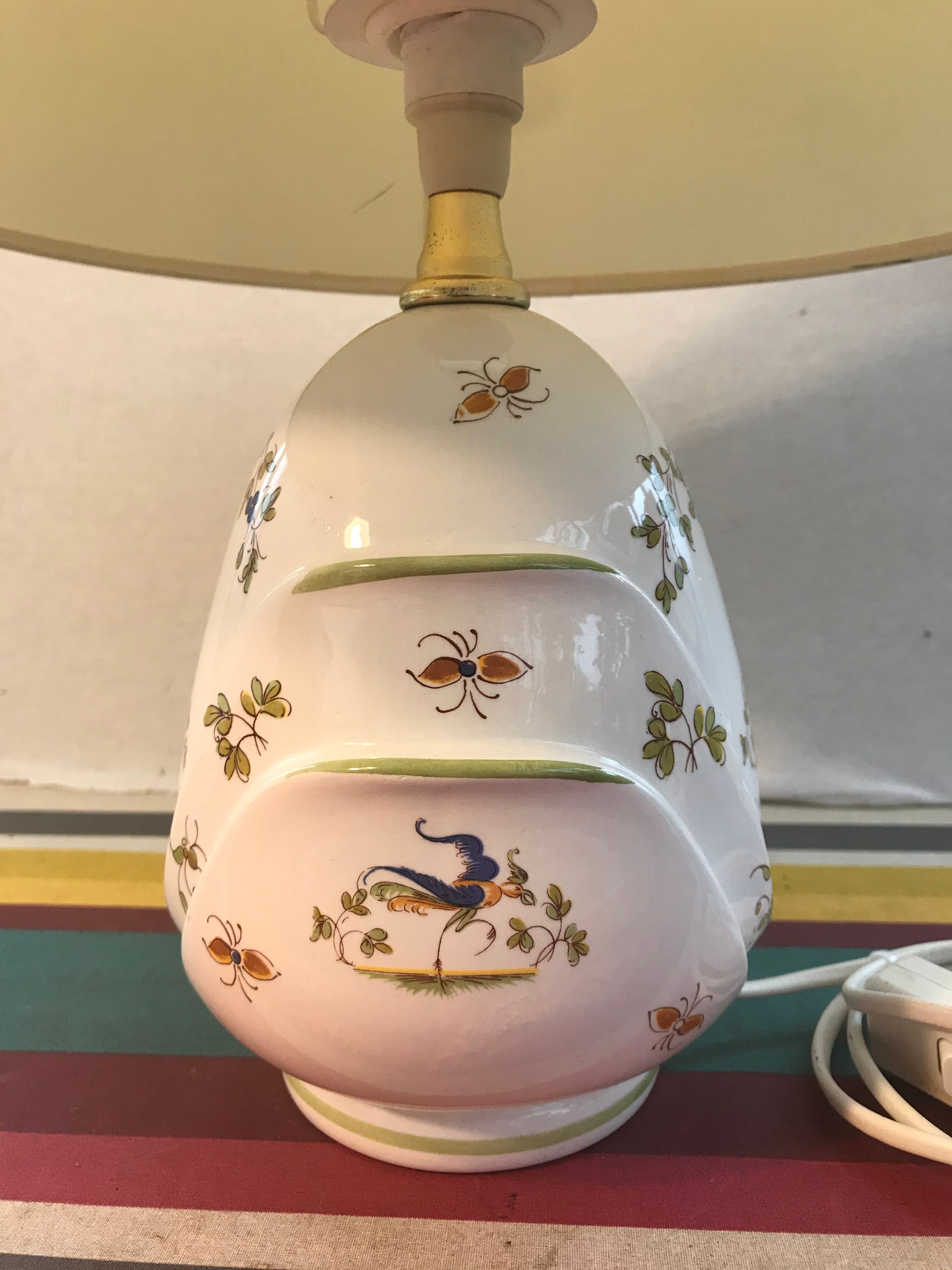 Old Moustiers ceramic lamp with white lamp shade