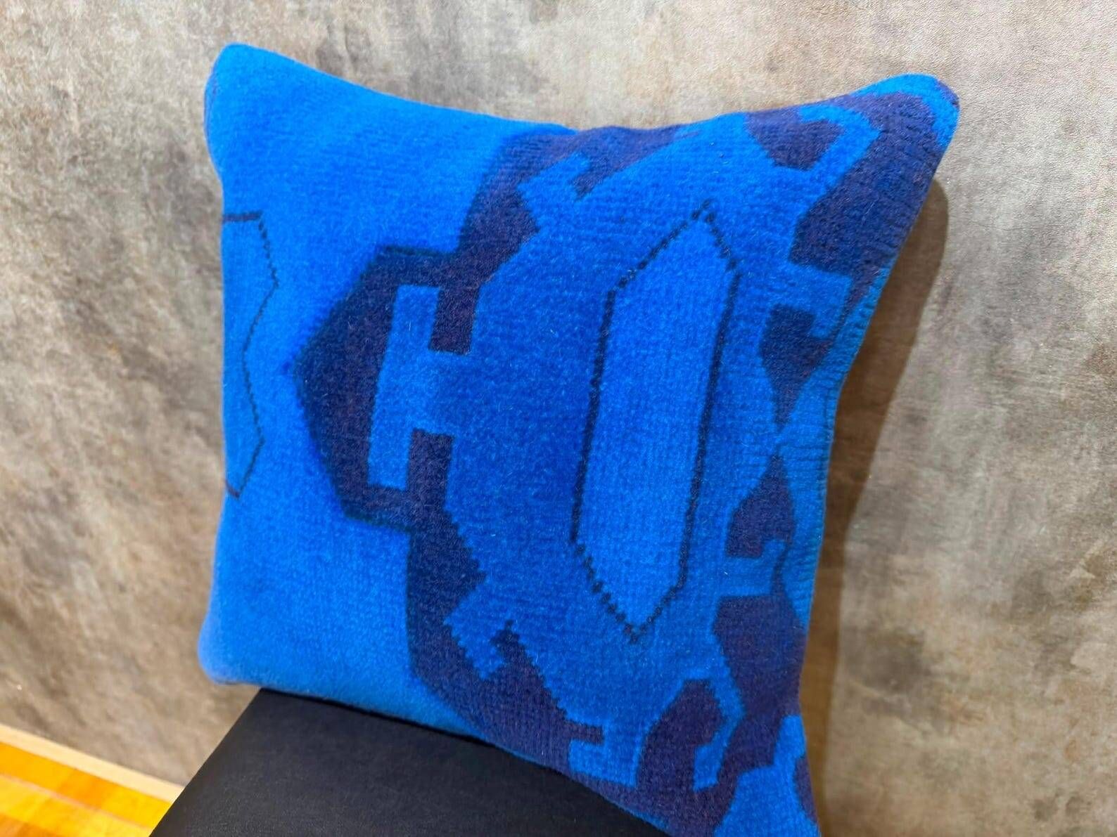 Blue Tribal Totem Rug Pillow, 16x16 Anatolian Wool Cushion