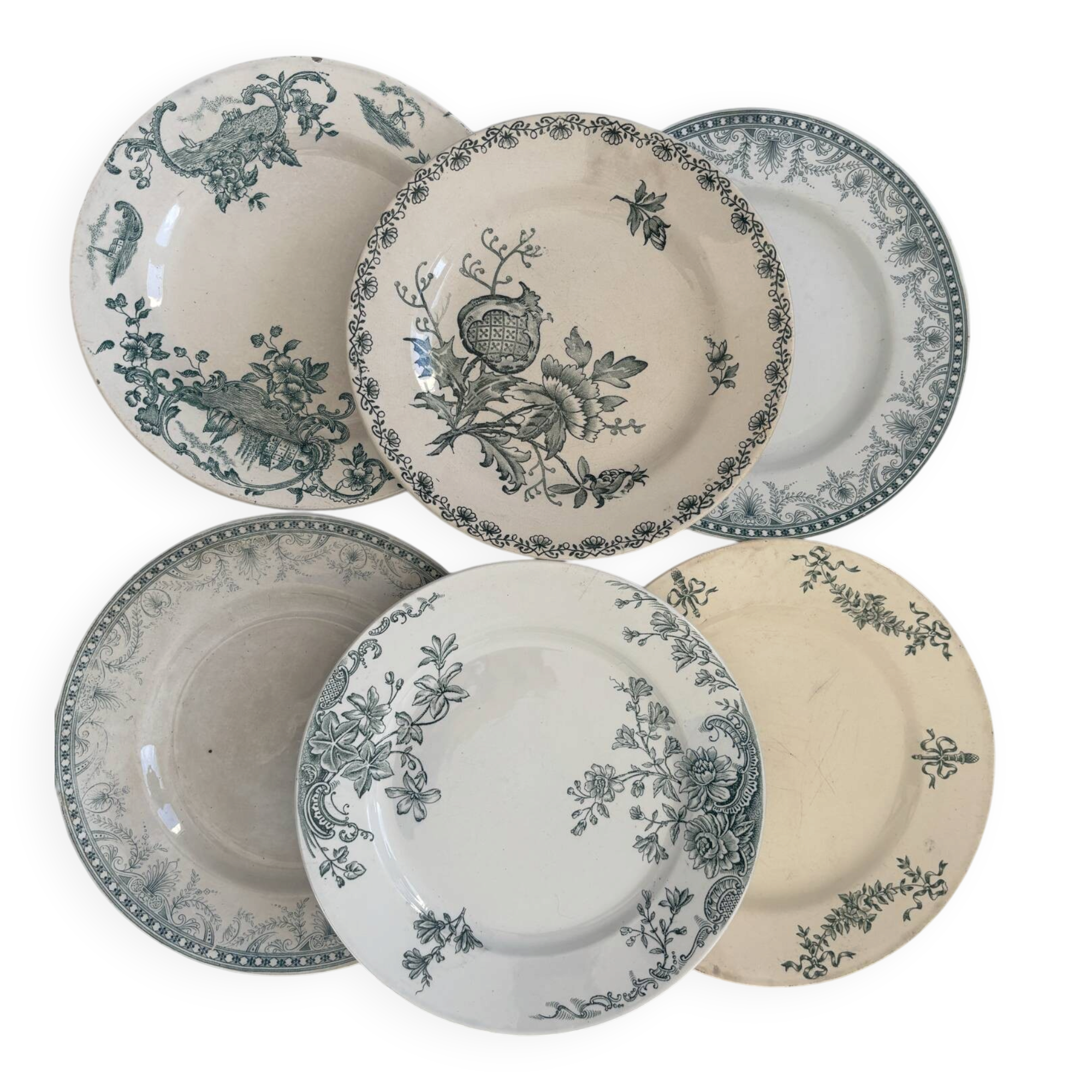 Lot of 6 green ironstone plates, antique French faience.