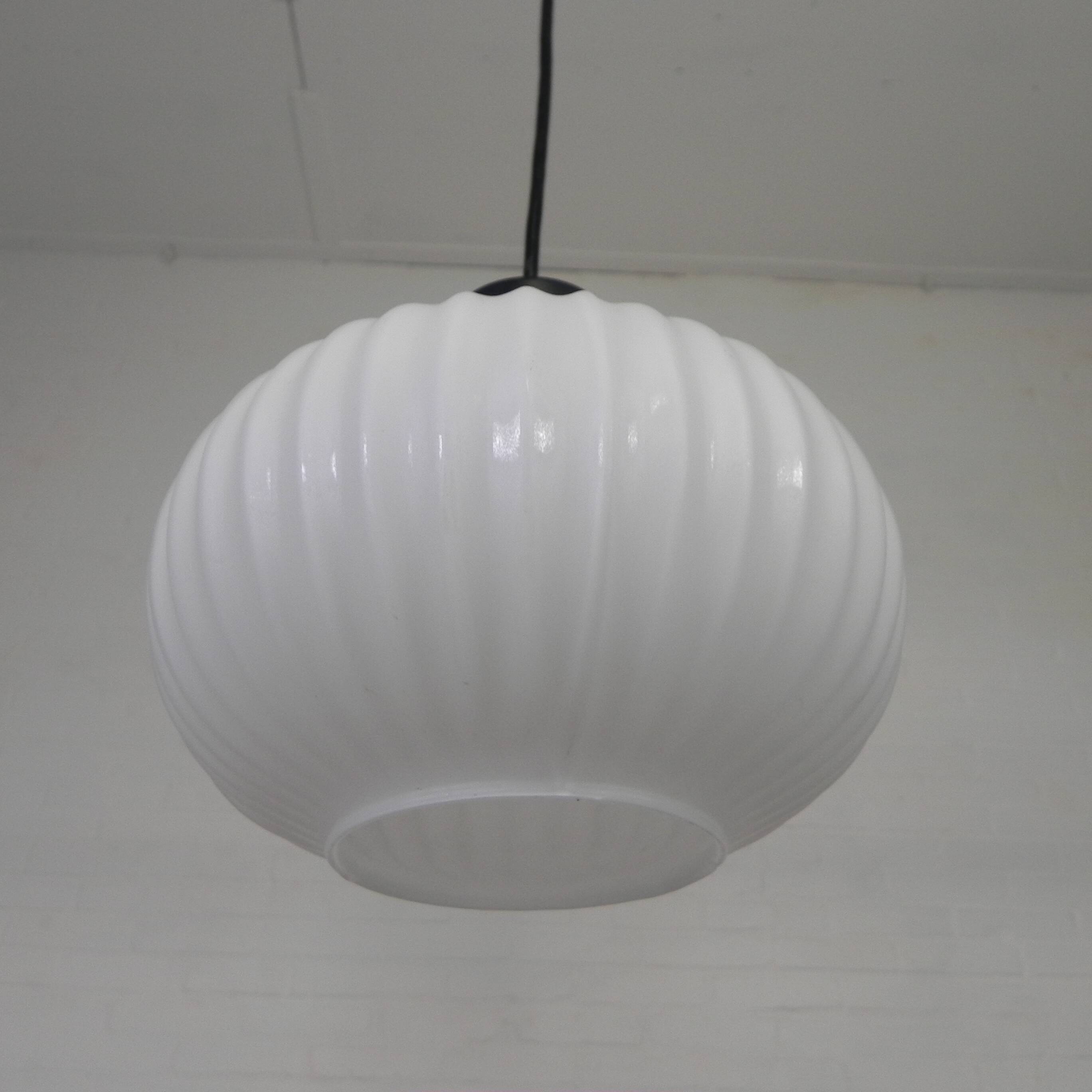Vintage pendant lamp with white ribbed glass ball, 1960s