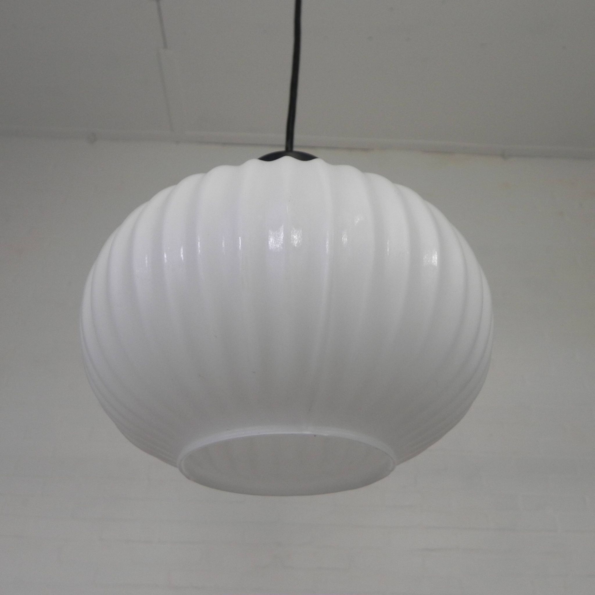 Vintage pendant lamp with white ribbed glass ball, 1960s