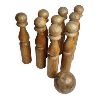 Old turned wooden bowling game, 30 cm