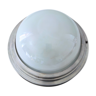 Old ceiling light in aluminum and half sphere in white Opaline around 1930/1940