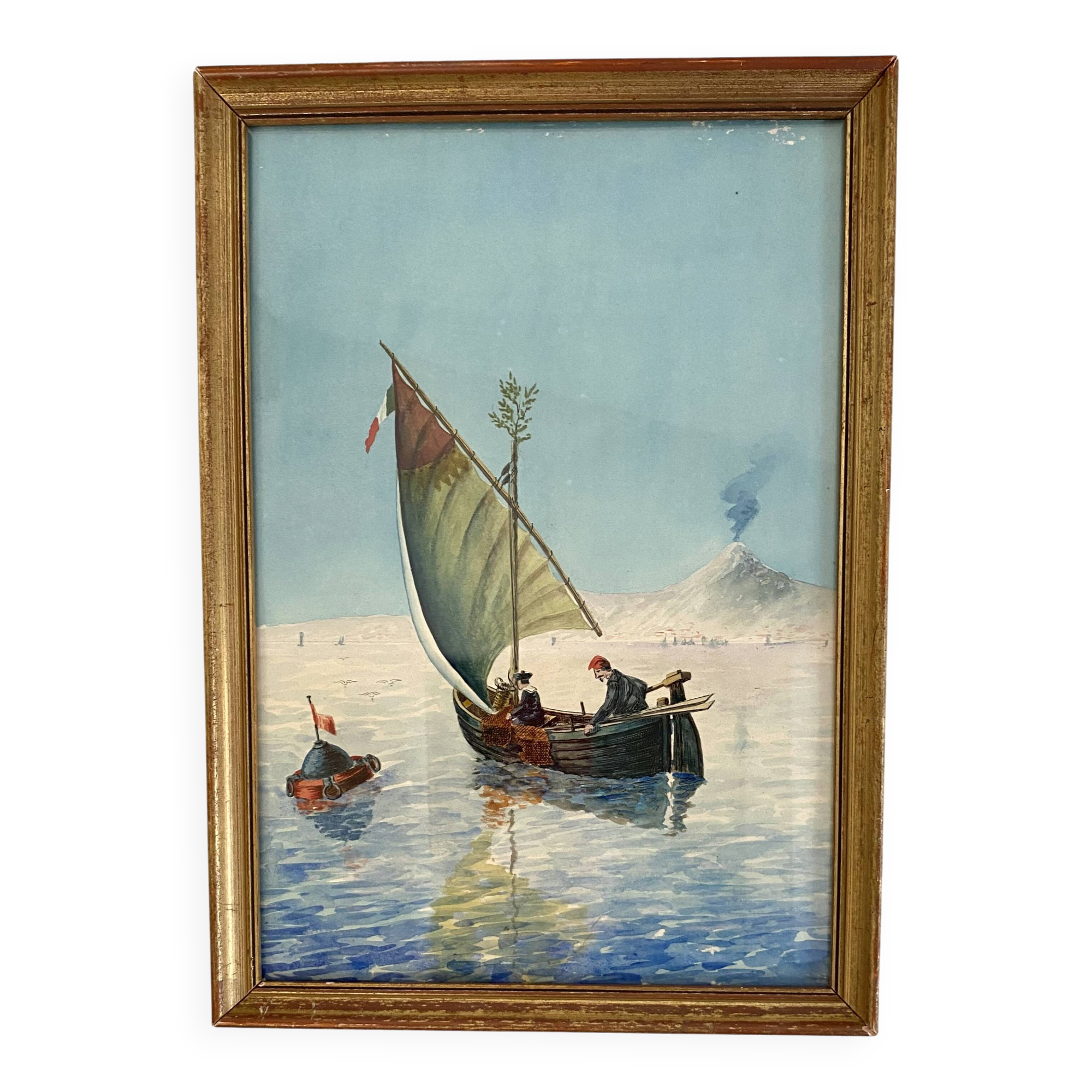 Painting "Sicilian Fishermen" framed under glass.