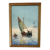 Painting "Sicilian Fishermen" framed under glass.
