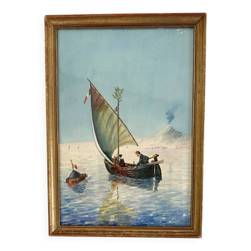 Painting "Sicilian Fishermen" framed under glass.