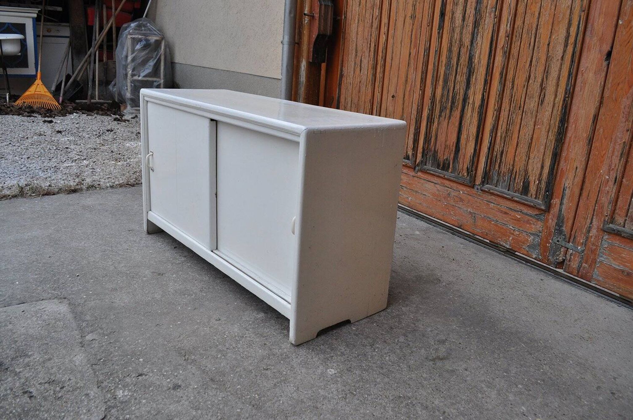 White painted wooden shoe cabinet, vintage 1950s - storage cupboard for shoe polish.