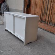 White painted wooden shoe cabinet, vintage 1950s - storage cupboard for shoe polish.