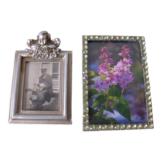 Set of 2 frames photo a decoration angel cherub and rhinestones shiny glass