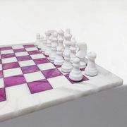 1970s Stunning Pink and White Chess Set in Volterra Alabaster Handmade Made in Italy