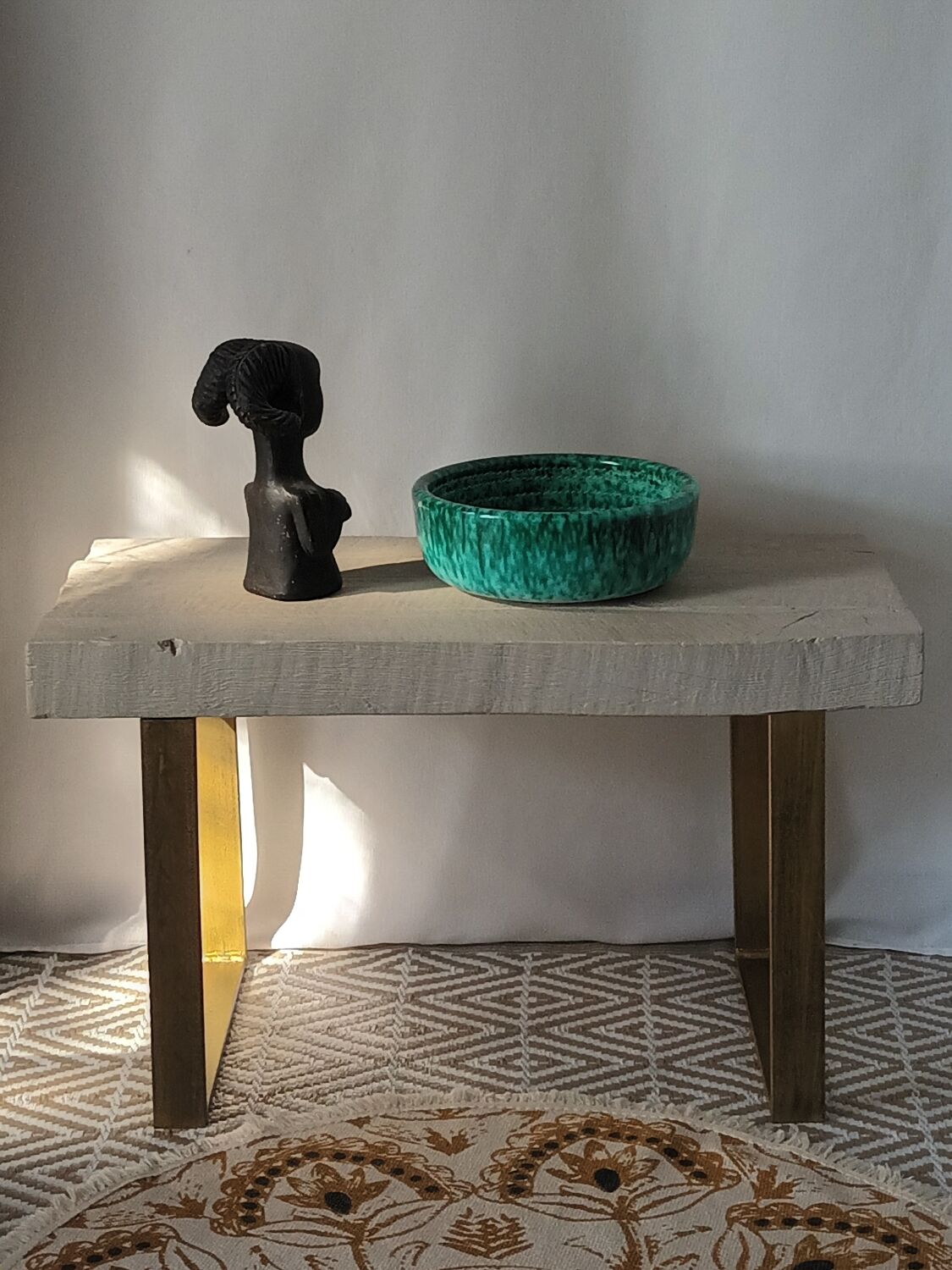 Chevron-patterned solid oak coffee table handmade.