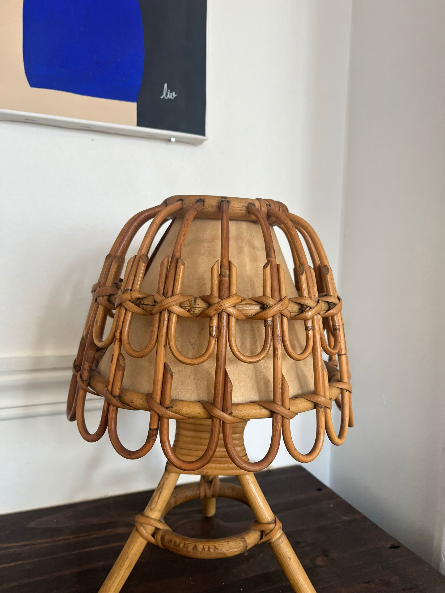 Lampe en rotin Louis Sognot années 1960