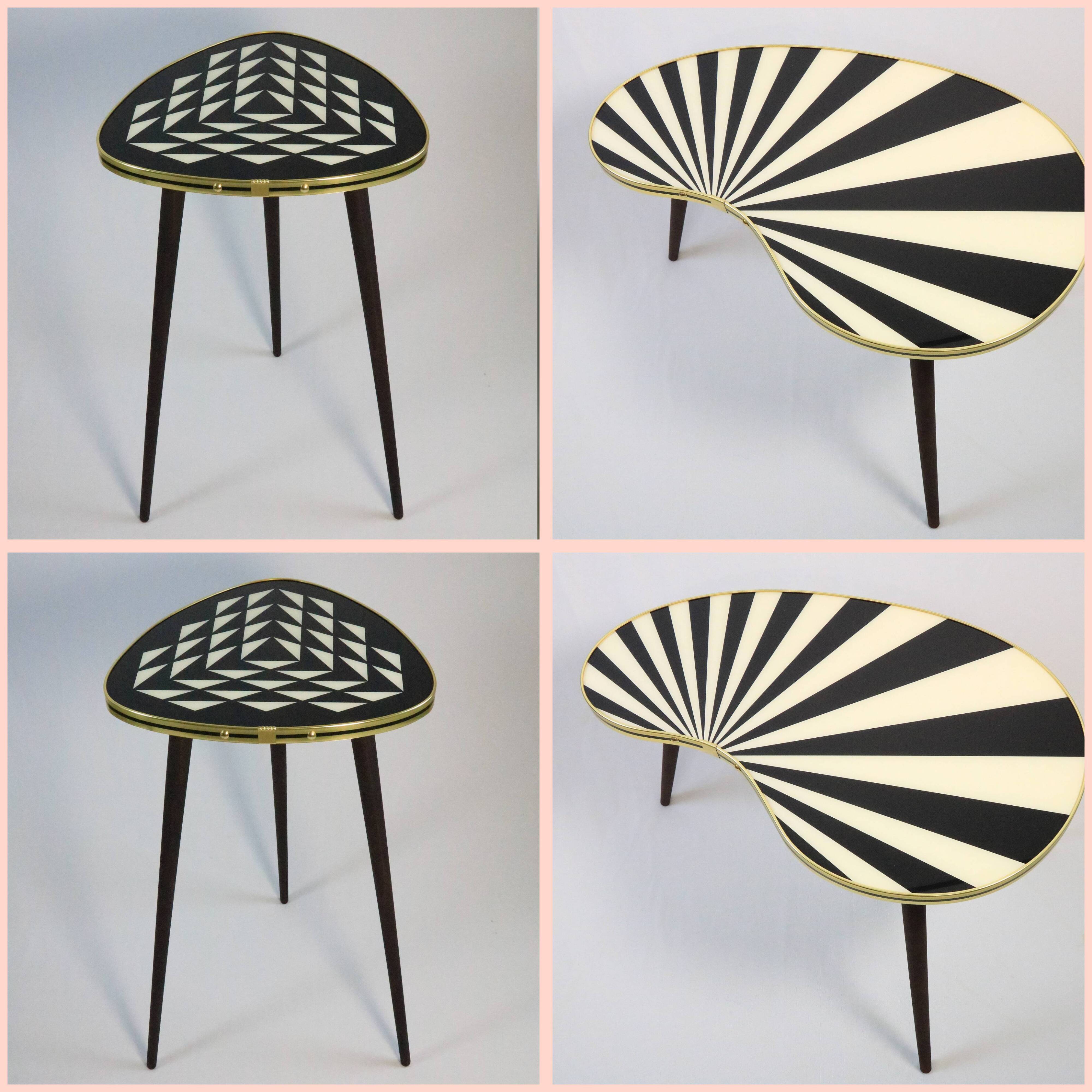 4 x side table retro, kidney shaped L, triangular high, black/white