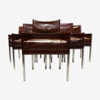 Six vintage brown leather and steel ‘Texas’ dining chairs by Karl Friedrich Förster