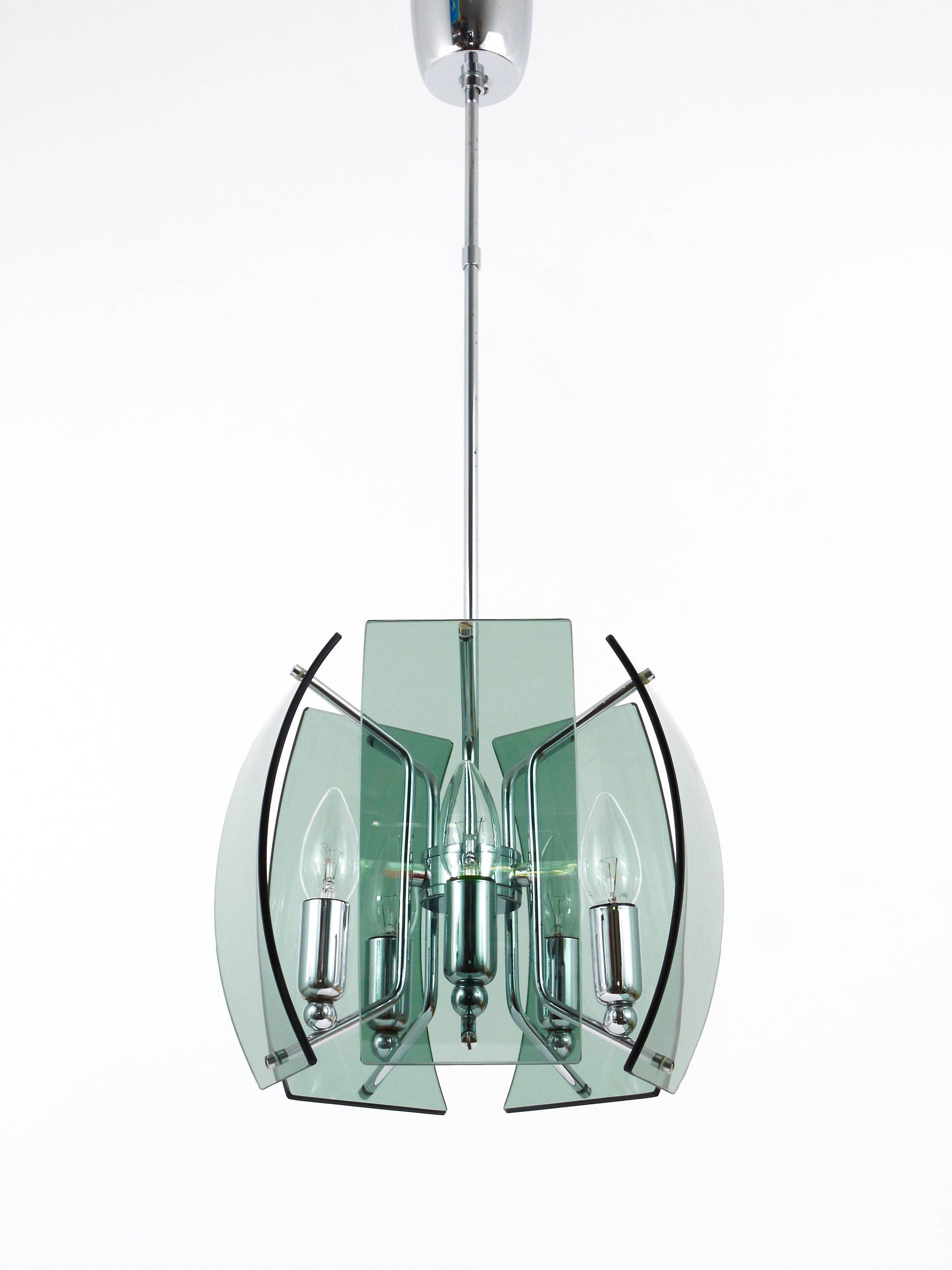 Glass and chrome chandelier in the Fontana Arte style, mid-century, Italy, 1960s.