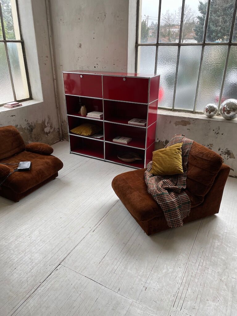 Pair 70s brown velvet armchairs