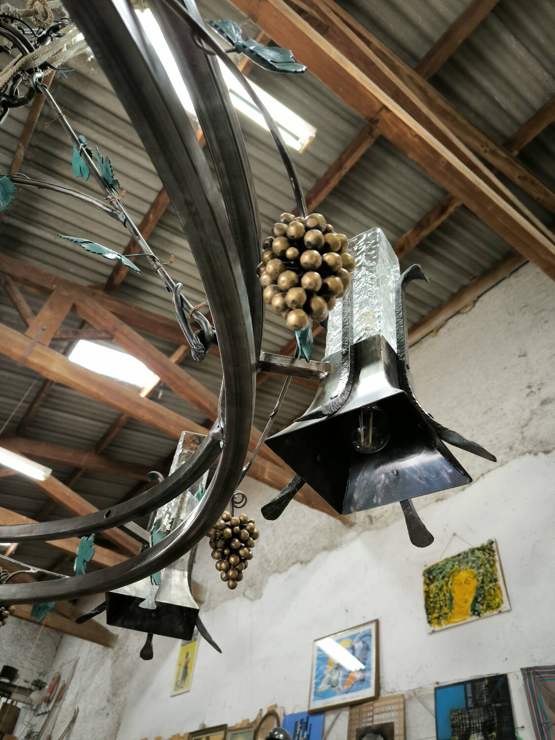 Large, heavy wrought iron and glass chandelier, circa 1980/90